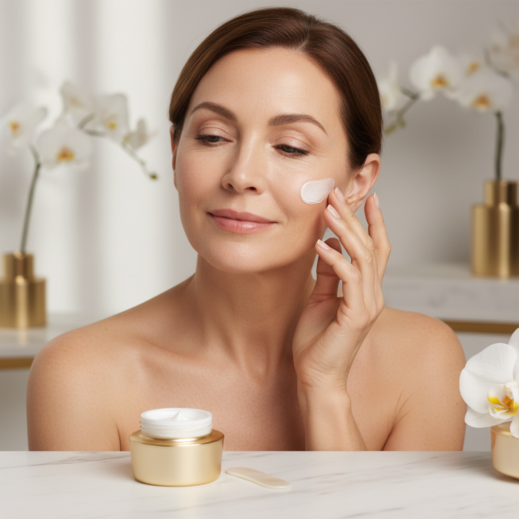 Femme mature avec peau radieuse utilisant crème visage au caviar anti-âge